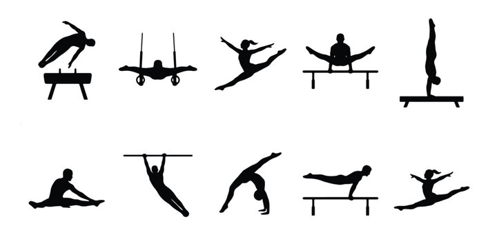 Gymnastics silhouette icons set, professional gymnast athletes performing on apparatus, 10 vector elements for sports competition and fitness design