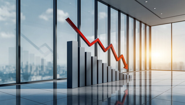 A dramatic business decline concept showing concrete bar chart columns descending toward a red arrow pointing down, set against a city skyline through floor-to-ceiling office windows, evoking loss and