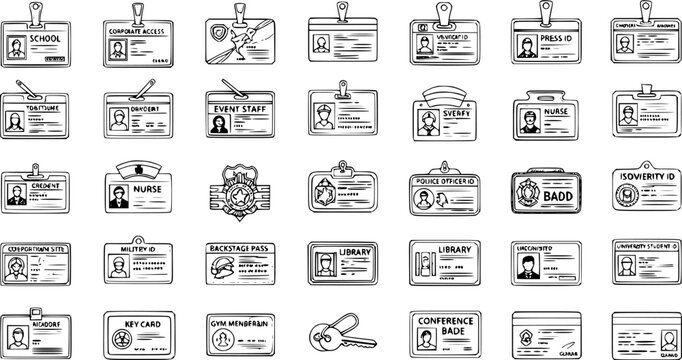 Hand-drawn collection of various identification cards, badges, and access passes. Vector line art icons including school, corporate, event, nurse, police, library, student, and gym IDs.