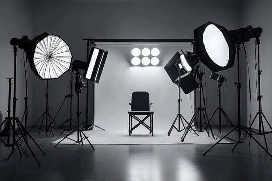 Empty director's chair on a seamless white backdrop surrounded by studio lights, softboxes, umbrellas and stands in a monochrome photography set conveying anticipation and focus
