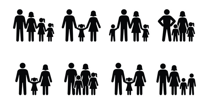 Family silhouette icon set, black stick figure family collection with parents and children, 8 vector groups of diverse family units for infographics