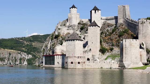 Medieval Golubac Fortress in Serbia on rocky cliff above Danube River