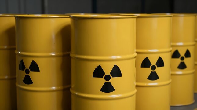 Radioactive waste barrels with hazard symbol, nuclear storage drums