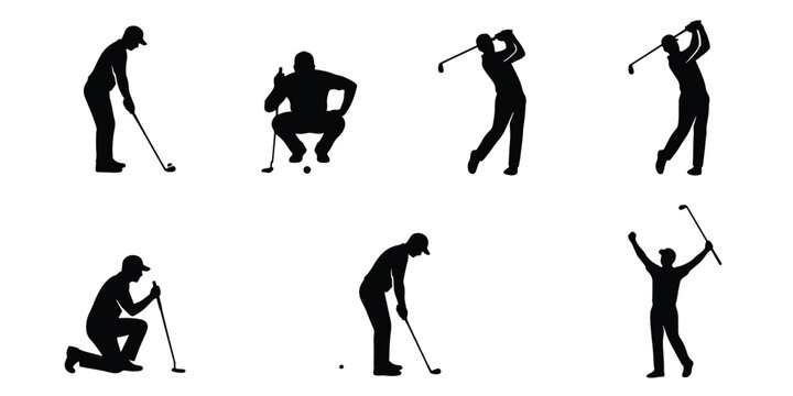 Golf player silhouettes set, professional golfer swinging club and putting ball, 7 black vector icons of male athletes on white background