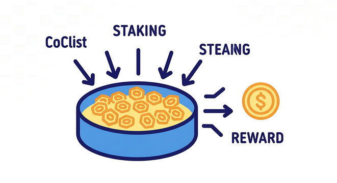 A graphic illustration of a staking reward system with cryptocurrency coins