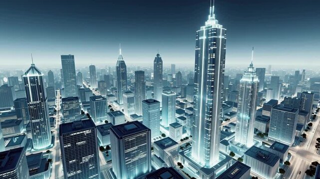 Futuristic Cityscape at Night with Glowing Skyscrapers and Neon Lights Urban Skyline Digital Render