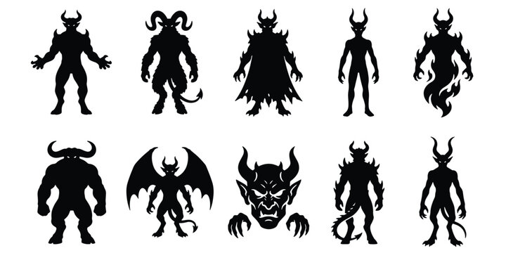 Demonic monster silhouettes set, 10 black devil creature icons, horned satanic beast character vectors for gaming and horror design