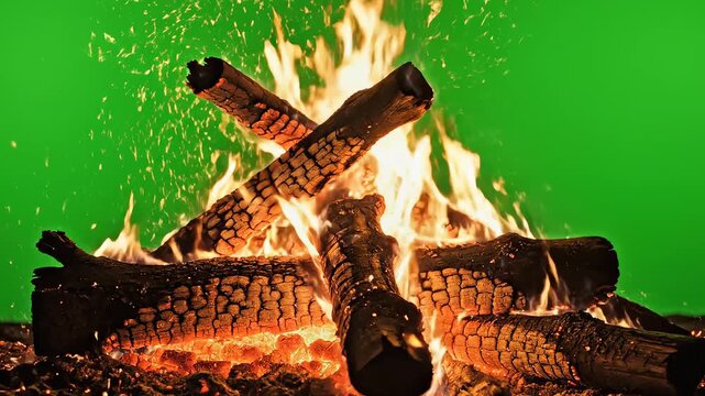 Burning logs with green background for commercial backgrounds, digital design, and advertising