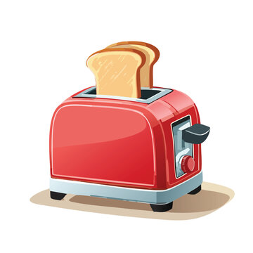 Cartoon red toaster with golden toast slices isolated on white background