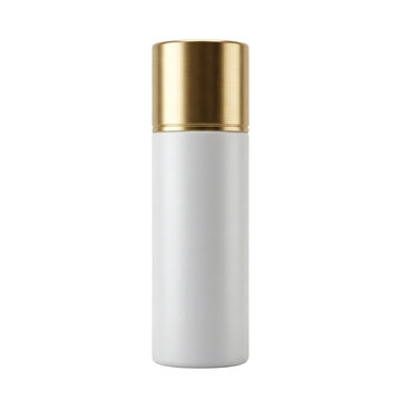 Matte white cosmetic bottle with gold cap isolated. Skincare product mockup.