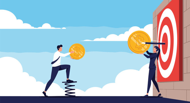 Efficient business partners collaborating to place bitcoin coin into red target represents strategic cryptocurrency investment goals.