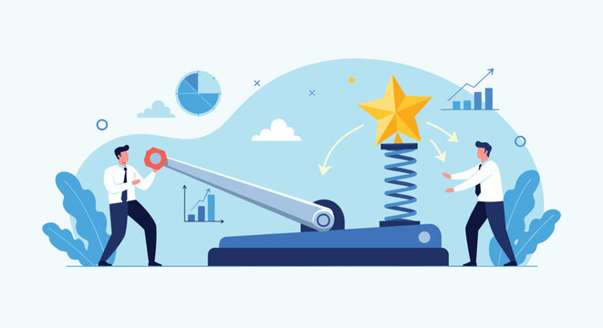 Professional team uses mechanical lever and spring to launch bright yellow star for reaching success and achieving corporate milestones.