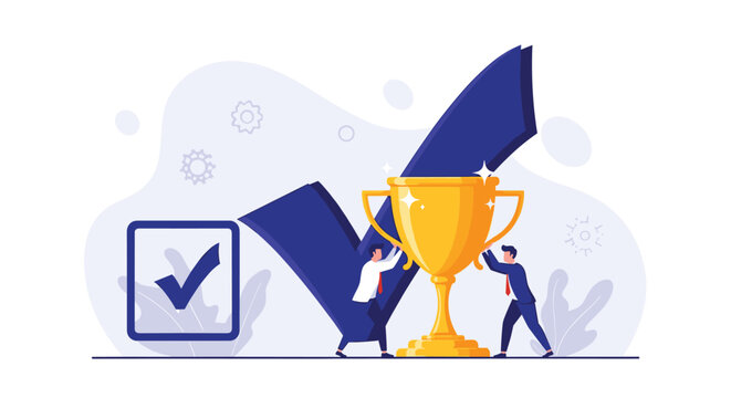 Triumphant business team holding large gold trophy in front of giant blue checkmark represents successful completion of project tasks.