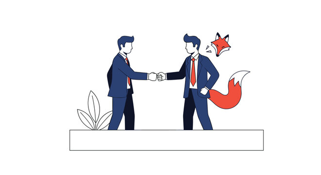 Two professional businessmen making fist bump agreement while fox head and tail appears behind one represents cunning deal making.
