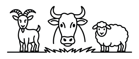 Obraz premium Three farm animals standing on grass, line art