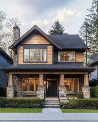 Naklejka premium Inviting two-story craftsman home with stone pillars, covered porch, warm glowing windows, manicured hedges and front steps at twilight