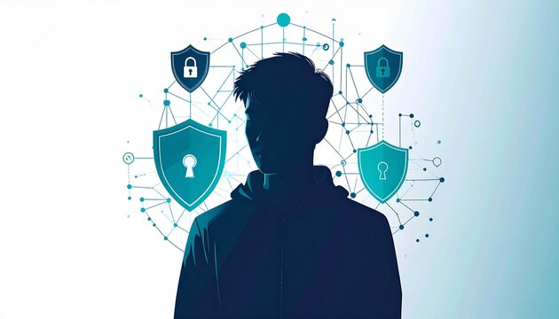 ハッカーのシルエットとシールドが対峙するサイバーセキュリティコンセプト　フラットイラスト