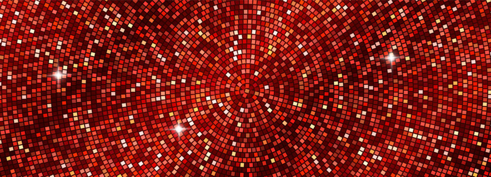 Red disco ball mosaic vector background. Radial circular pattern of red square tiles with glowing sparkles, symbolizing party, dance, glitter, neon club, and festive event backdrop.