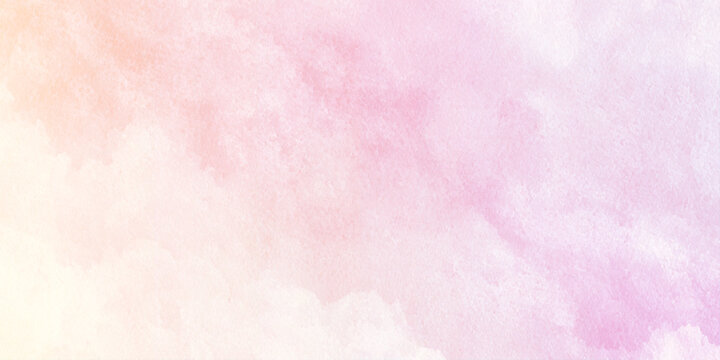 Soft pink and peach watercolor background with white clouds and gradient effect for design and decoration