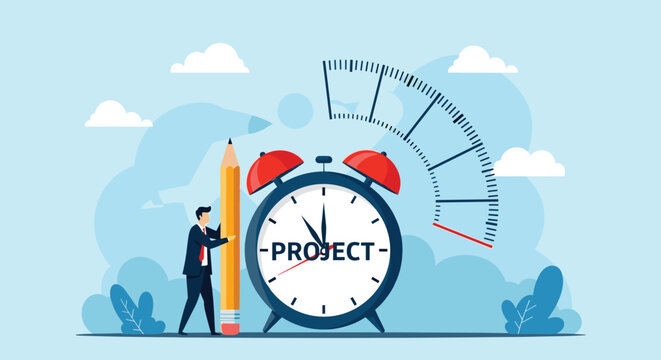 Focused project manager uses a giant pencil to manage his time effectively next to a large alarm clock representing deadlines.