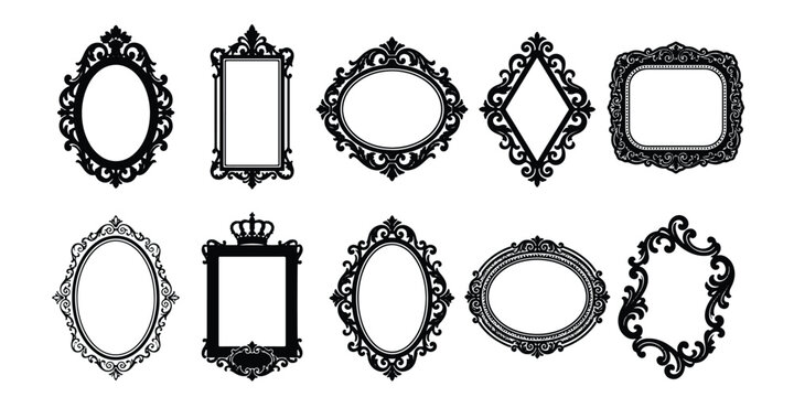 Vintage ornate picture frames set, 10 black baroque mirror silhouettes, antique decorative borders, elegant victorian frame vector collection