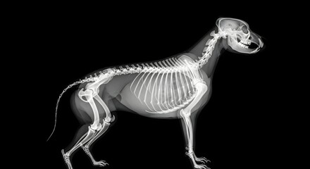 Fototapeta premium Dog skeleton x ray image against black background scientific veterinary study
