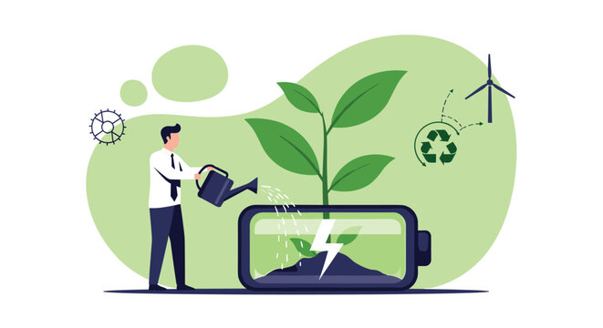Environmental businessman waters a green plant growing out of soil inside a large battery icon representing sustainable green energy.