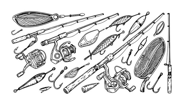 Hand drawn fishing tackle collection sketch vector rods reels hooks lures dynamic set
