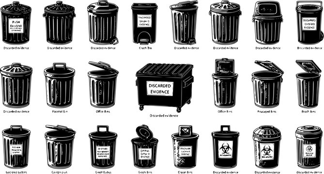 Collection of Various Types of Trash Cans and Bins, Illustrated for Design and Commercial Use