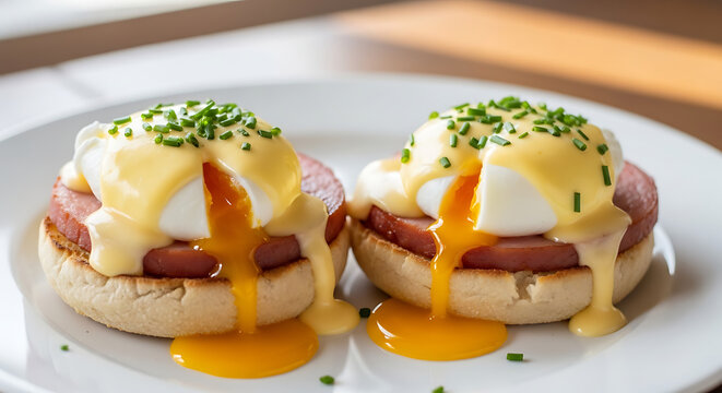 Eggs benedict topped with hollandaise sauce and chives sits on a white plate awaiting a breakfast service.