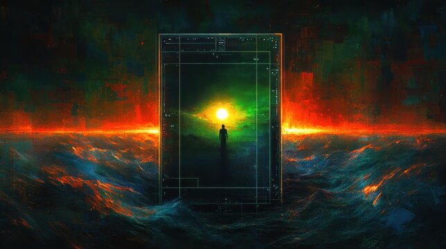 lone silhouette walking through a glowing rectangular portal framed with technical lines above a stormy sea toward a green sun on a fiery horizon, evoking isolation and awe