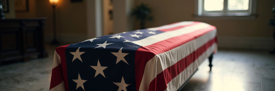 Casket draped with American flag in solemn interior setting, representing military funeral and national honor. Casket with American flag evokes feelings of respect and remembrance for loved ones.
