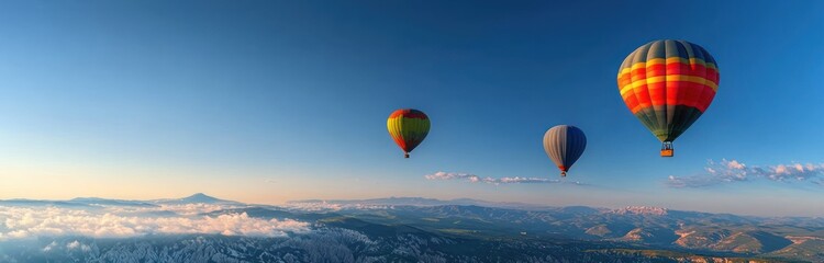Obraz premium Three colorful hot air balloons floating above a sea of clouds and sunlit rugged mountains at dawn, evoking peaceful awe and a sense of freedom