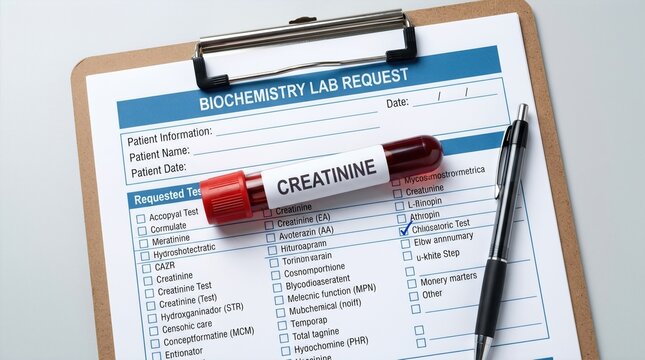 Biochemistry lab request form with a red-top blood collection tube labeled creatinine and a pen on a clipboard, showcasing various requested tests for patient analysis