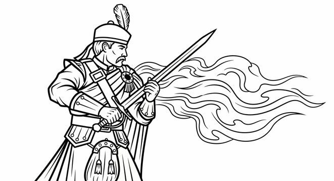 Scottish Warrior Holding Sword with Flowing Cape