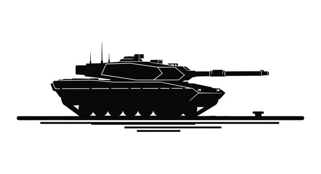 Silhouette of a modern battle tank on a white background, military vehicle icon