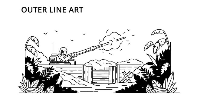 Soldier firing heavy machine gun from trench, war scene, line art illustration