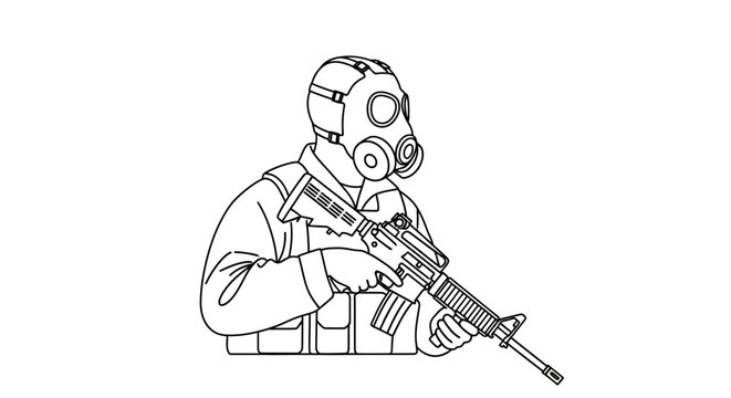 Soldier in gas mask holding rifle, military, protection, warfare, tactical gear, illustration