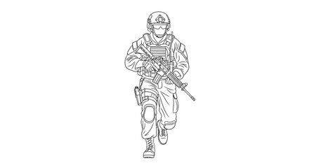 Obraz premium Soldier running with rifle, tactical gear, military action, illustration