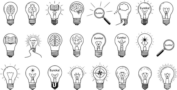 Collection of Hand-Drawn Light Bulb Icons Representing Ideas, Creativity, and Innovation
