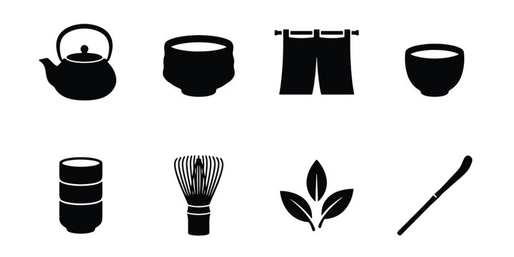 Japanese matcha tea ceremony icon set, black silhouette vector elements of teapot and bamboo whisk, traditional green tea culture symbols