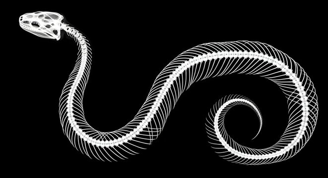 X ray image of a snake skeleton against a dark background for study