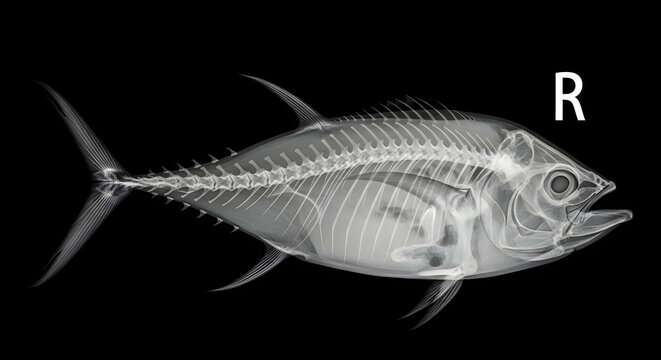 X ray image of a tuna fish skeleton isolated on black background