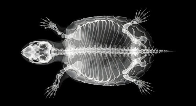 X ray image of a turtle skeleton with detailed bone structure
