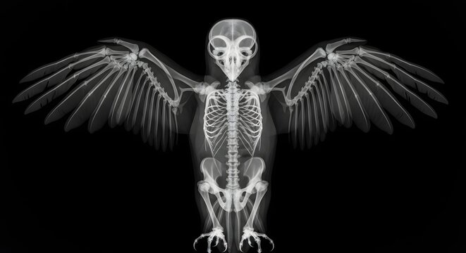 X ray image of an owl skeleton with expanded wings against a black background