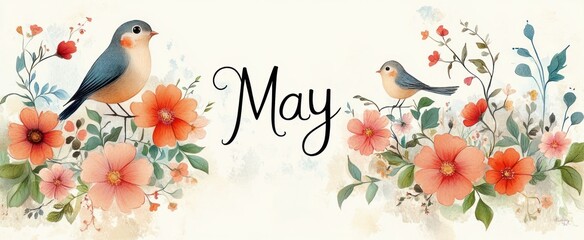 Fototapeta premium two small songbirds perched on branches amid coral orange blossoms and green leaves with elegant handwritten may on a soft watercolor background conveying gentle springtime cheer