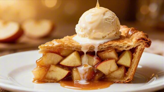 single slice of loaded apple pie with melting vanilla ice cream on white plate perfect for apple pie day