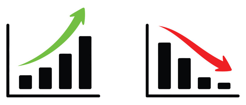 Growth and decline bar chart icon in flat style, featuring upward and downward arrow graph symbols, clear business analytics visuals, and financial performance