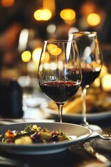 Naklejka premium Wine dinner gathering with glasses of red wine and dishes at a warm restaurant setting during evening hours