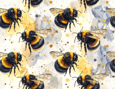 Watercolor pattern of bumblebees on a backdrop of abstract paint splotches. Bees have black and yellow stripes